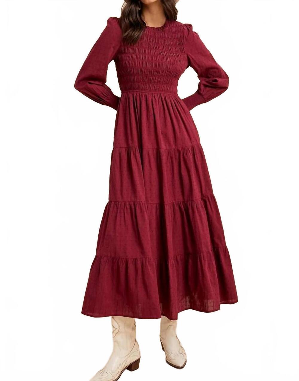 NEW IN-LOOM smocked swiss dot maxi dress in burgundy